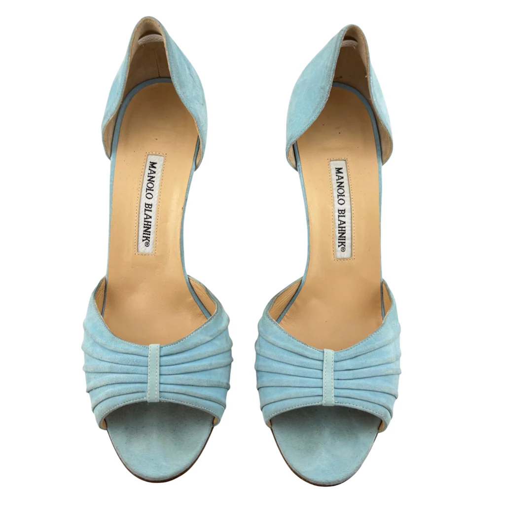 Manolo Blahnik Blue Suede Peep Toe Pump, 39.5 - Image 3