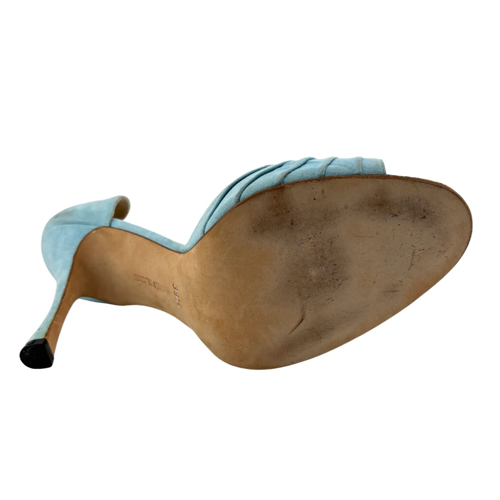 Manolo Blahnik Blue Suede Peep Toe Pump, 39.5 - Image 5