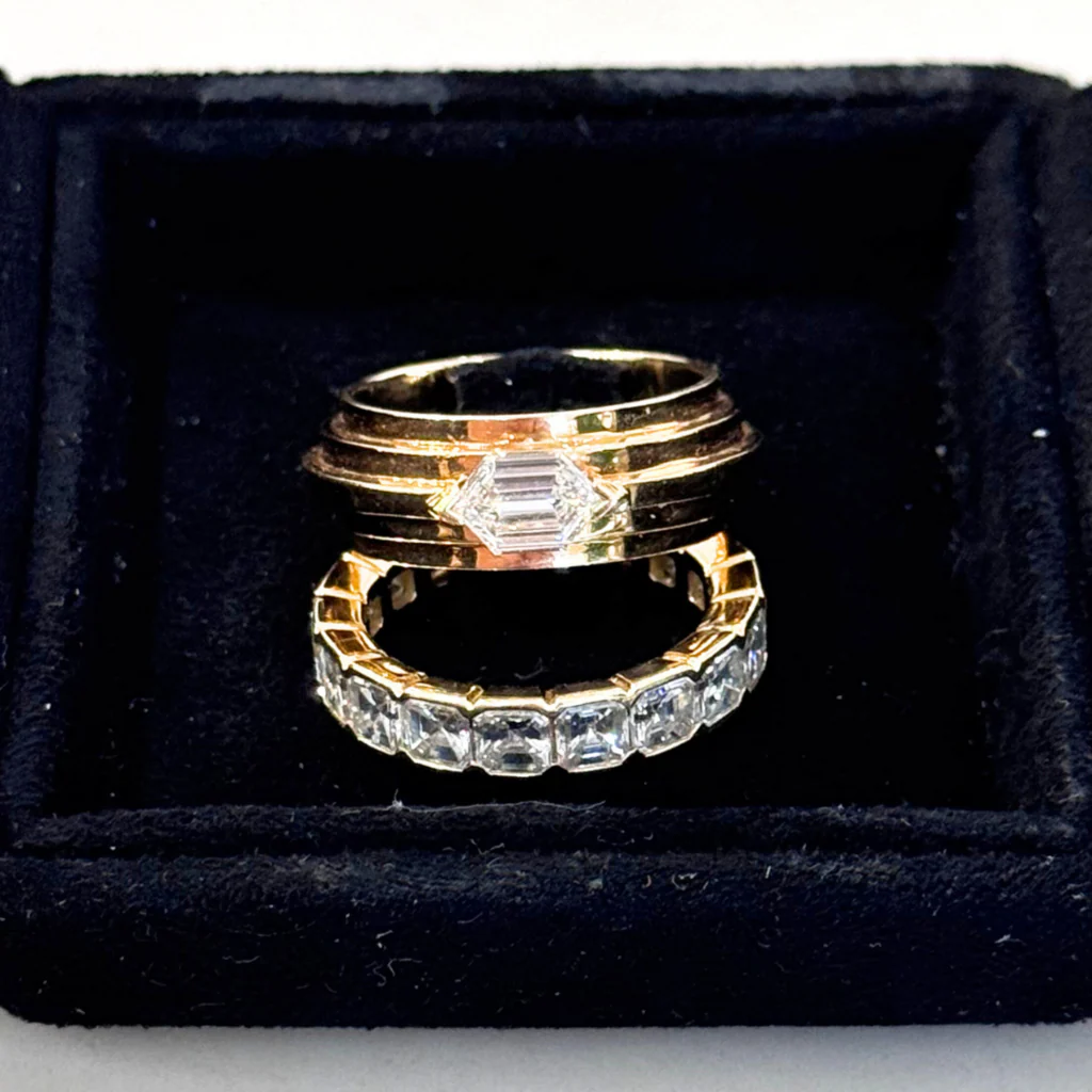 Material Good Gold Band With Hexagonal Diamond Ring Size 4 - Image 4